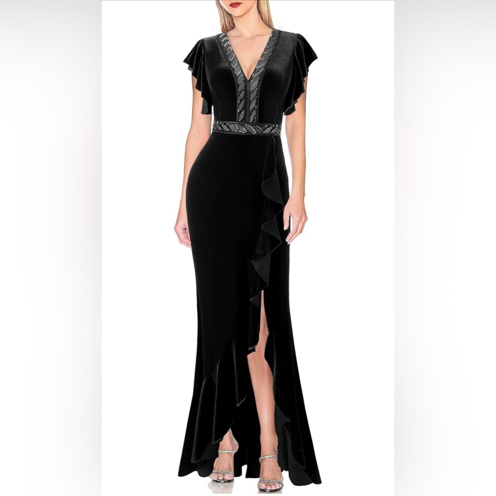 VFSHOW Womens Beaded V Neck Ruffle Sleeve Formal Prom High Split Maxi Dr…